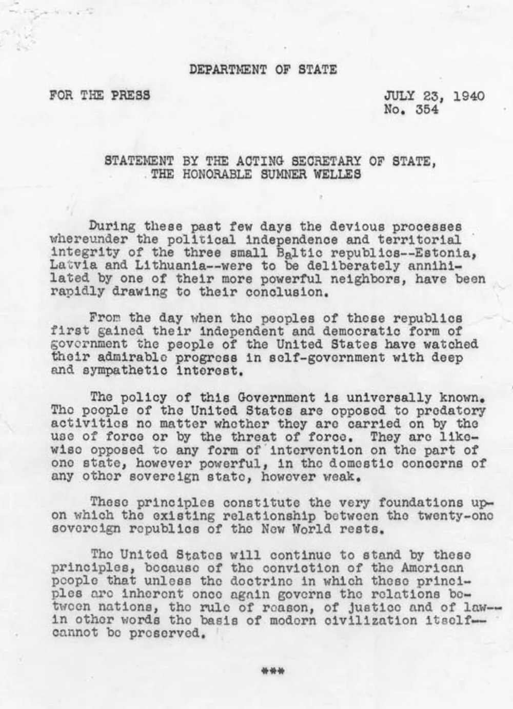 La déclaration Welles, juillet 1940 : un demi-siècle de non-reconnaissance juridique — et des relations de travail par-dessus (document du département d’État américain, 1940).